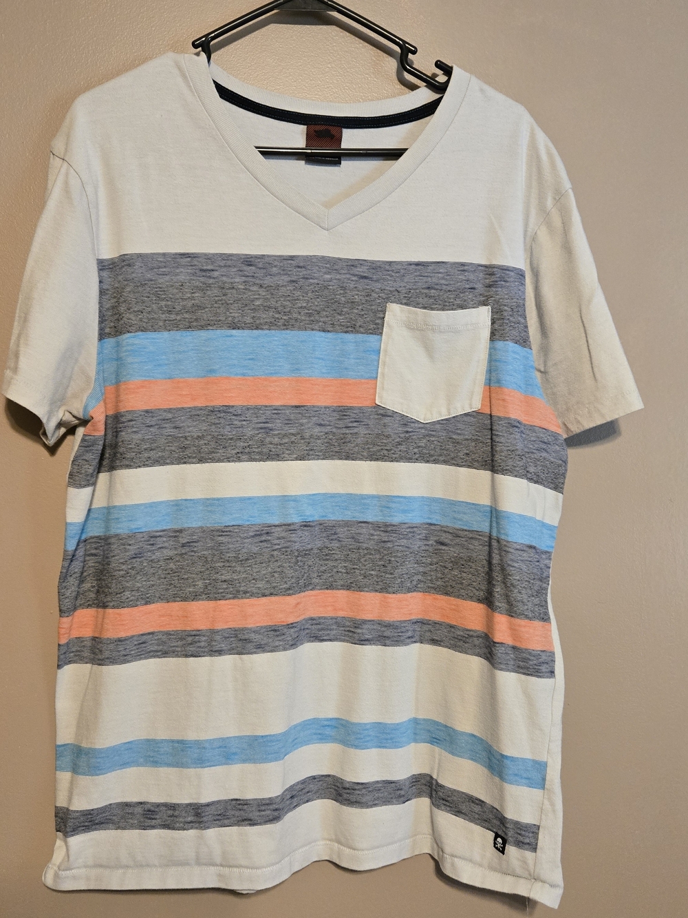 Tony Hawk Gray V-Neck T-Shirt with Blue, Coral & Gray Stripes